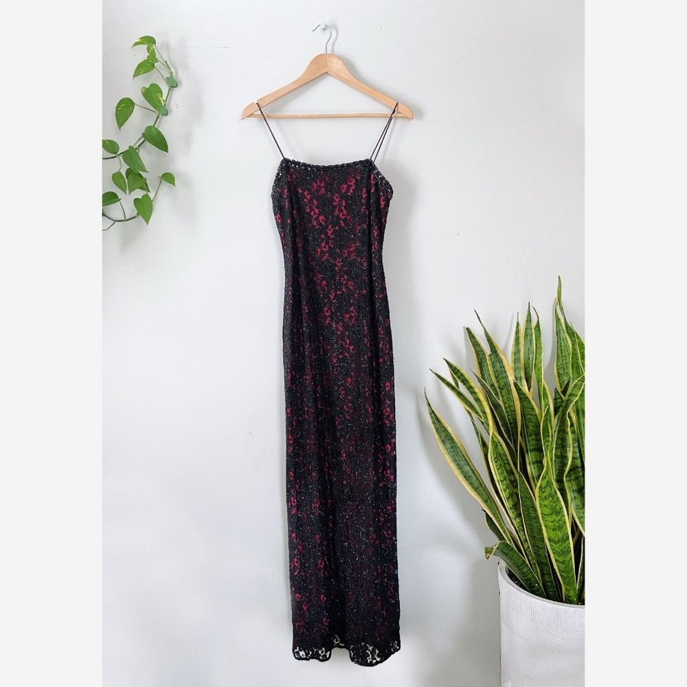 Reggio Vintage 1990's Red and Black Shimmery Slitted Evening Dress Sz 8